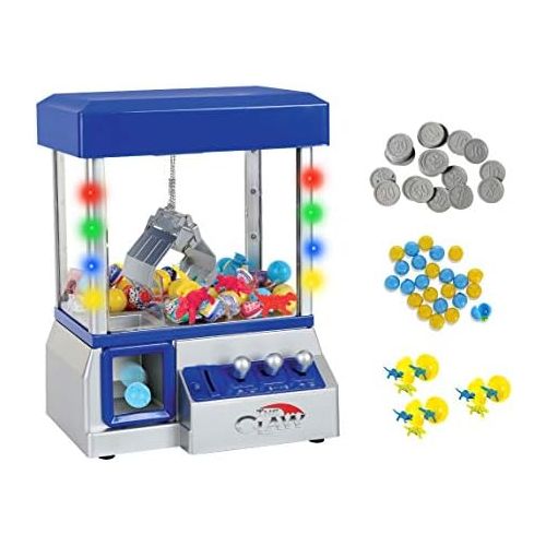  TSF TOYS Claw Game Machine-Kids Mini Arcade Grabber- Toy Candy Dispenser Crane Toy-with LED Lights and Adjustable Sound SwitchBonus 24 Prizes (Blue)