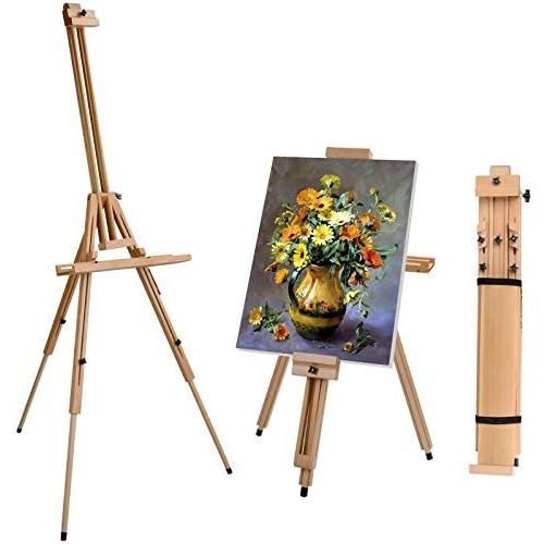  T-SIGN Wood Painting Easel Stand, Portable Art Floor Tripod Beech Easel, Foldable Design, Adjustable Height 36.5 to 75.5 Inches, Adjustable Large Tray for Painting, Sketching, Disp