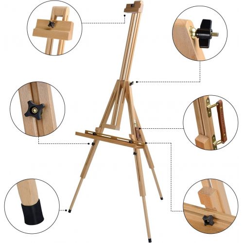  T-SIGN Wood Painting Easel Stand, Portable Art Floor Tripod Beech Easel, Foldable Design, Adjustable Height 36.5 to 75.5 Inches, Adjustable Large Tray for Painting, Sketching, Disp