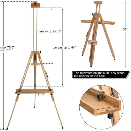  T-SIGN Wood Painting Easel Stand, Portable Art Floor Tripod Beech Easel, Foldable Design, Adjustable Height 36.5 to 75.5 Inches, Adjustable Large Tray for Painting, Sketching, Disp