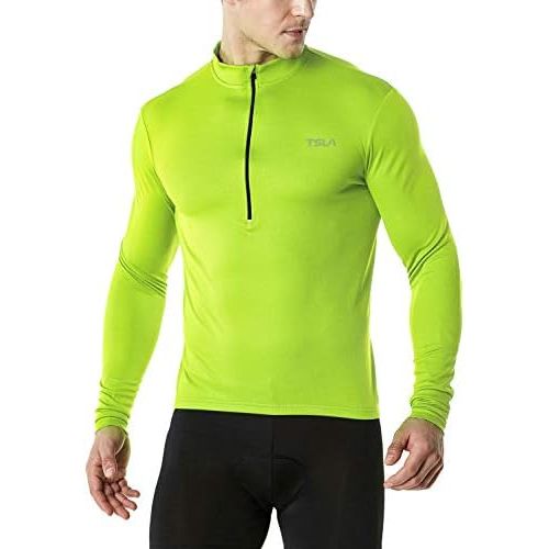  TSLA Mens Long Sleeve Bike Cycling Jersey, Quick Dry Breathable Reflective Biking Shirts with 3 Rear Pockets