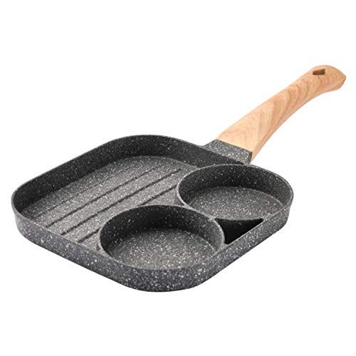  TSPMT Two holes three in one Egg burger pan Nonstick Egg Frying pan Frying pan 3 Section Square Grill pan Divided Frying pan for Breakfast With Wood Handle Suitable for Gas Stove & Induc