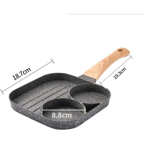  TSPMT Two holes three in one Egg burger pan Nonstick Egg Frying pan Frying pan 3 Section Square Grill pan Divided Frying pan for Breakfast With Wood Handle Suitable for Gas Stove & Induc