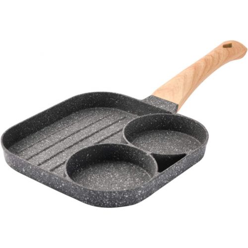  TSPMT Two holes three in one Egg burger pan Nonstick Egg Frying pan Frying pan 3 Section Square Grill pan Divided Frying pan for Breakfast With Wood Handle Suitable for Gas Stove & Induc