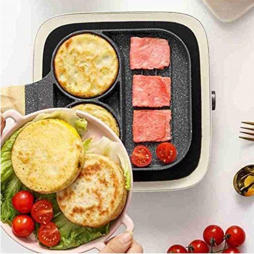  TSPMT Two holes three in one Egg burger pan Nonstick Egg Frying pan Frying pan 3 Section Square Grill pan Divided Frying pan for Breakfast With Wood Handle Suitable for Gas Stove & Induc