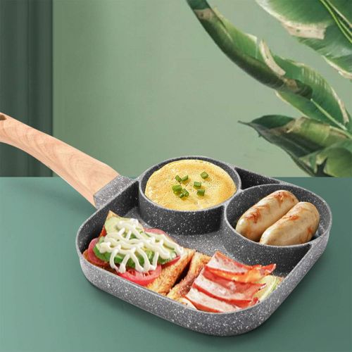  TSPMT Two holes three in one Egg burger pan Nonstick Egg Frying pan Frying pan 3 Section Square Grill pan Divided Frying pan for Breakfast With Wood Handle Suitable for Gas Stove & Induc