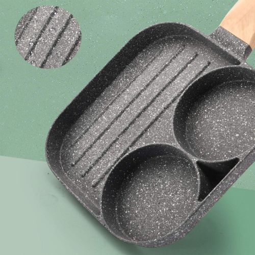  TSPMT Two holes three in one Egg burger pan Nonstick Egg Frying pan Frying pan 3 Section Square Grill pan Divided Frying pan for Breakfast With Wood Handle Suitable for Gas Stove & Induc