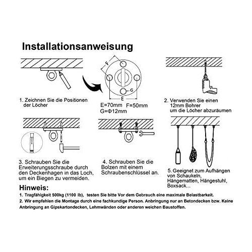  TSSS Outdoor Indoor Hangematte Haken Set Bis 500 kg Tragfahigkeit, SUS 304 Edelstahl Befestigungshaken Deckenbefestigung Haken-Sockel Hangeschaukel Yoga Hangesessel Halterung + 6 S