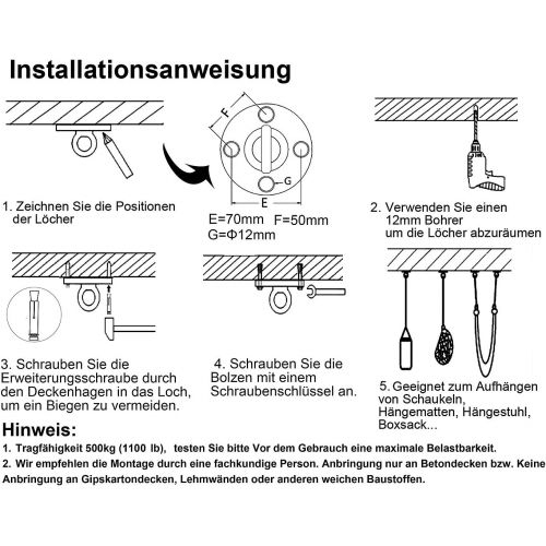  TSSS Outdoor Indoor Hangematte Haken Set Bis 500 kg Tragfahigkeit, SUS 304 Edelstahl Befestigungshaken Deckenbefestigung Haken-Sockel Hangeschaukel Yoga Hangesessel Halterung + 6 S