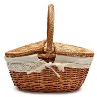 TSY Hand Made Wicker Basket Wicker Camping Picnic Basket Shopping Storage Hamper with Lid and Handle Wooden Color Wicker Picnic Basket (S, 01#)