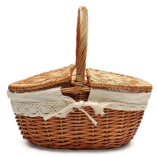  TSY Hand Made Wicker Basket Wicker Camping Picnic Basket Shopping Storage Hamper with Lid and Handle Wooden Color Wicker Picnic Basket (S, 01#)