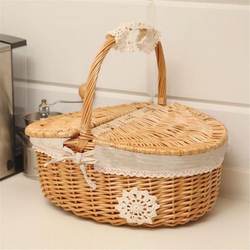  TSY Hand Made Wicker Basket Wicker Camping Picnic Basket Shopping Storage Hamper with Lid and Handle Wooden Color Wicker Picnic Basket (S, 01#)