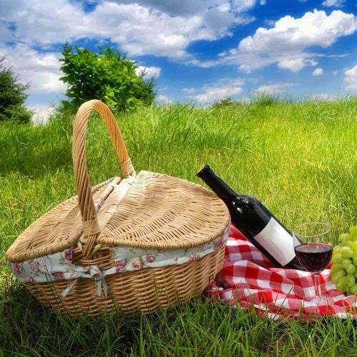  TSY Hand Made Wicker Basket Wicker Camping Picnic Basket Shopping Storage Hamper with Lid and Handle Wooden Color Wicker Picnic Basket (S, 01#)