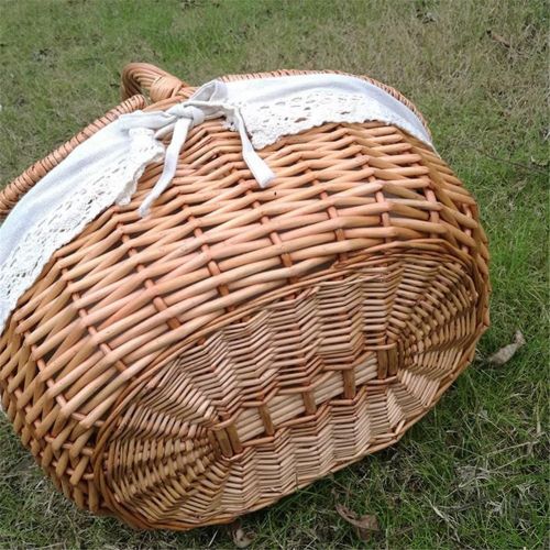  TSY Hand Made Wicker Basket Wicker Camping Picnic Basket Shopping Storage Hamper with Lid and Handle Wooden Color Wicker Picnic Basket (S, 01#)