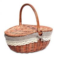 TSY Hand Made Wicker Basket Wicker Camping Picnic Basket Shopping Storage Hamper with Lid and Handle Wooden Color Wicker Picnic Basket (S, 02#)