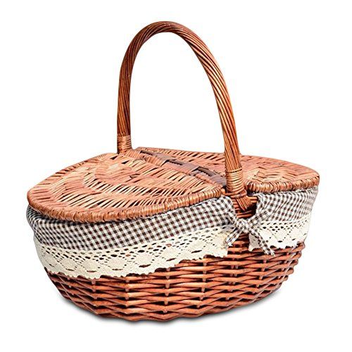  TSY Hand Made Wicker Basket Wicker Camping Picnic Basket Shopping Storage Hamper with Lid and Handle Wooden Color Wicker Picnic Basket (S, 02#)