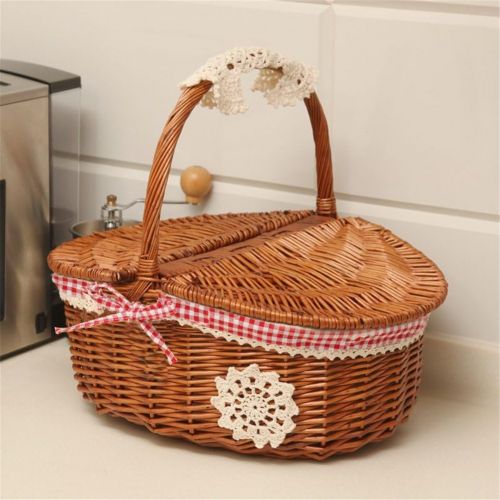  TSY Hand Made Wicker Basket Wicker Camping Picnic Basket Shopping Storage Hamper with Lid and Handle Wooden Color Wicker Picnic Basket (S, 02#)