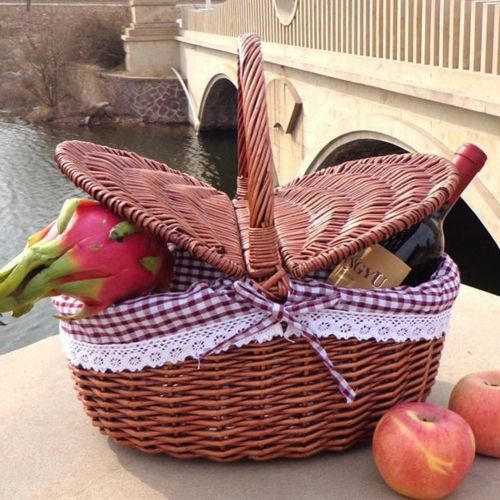  TSY Hand Made Wicker Basket Wicker Camping Picnic Basket Shopping Storage Hamper with Lid and Handle Wooden Color Wicker Picnic Basket (S, 02#)