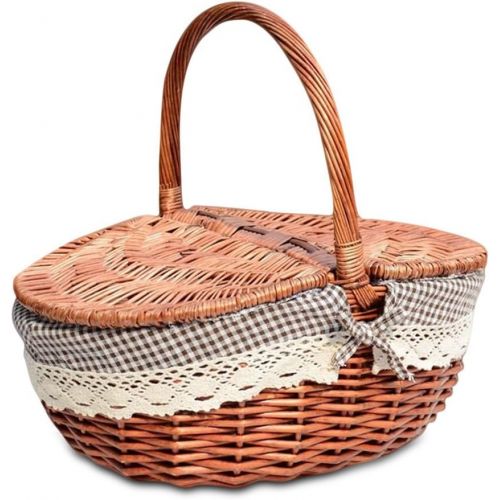  TSY Hand Made Wicker Basket Wicker Camping Picnic Basket Shopping Storage Hamper with Lid and Handle Wooden Color Wicker Picnic Basket (S, 02#)