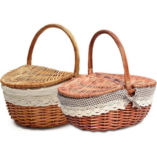  TSY Hand Made Wicker Basket Wicker Camping Picnic Basket Shopping Storage Hamper with Lid and Handle Wooden Color Wicker Picnic Basket (S, 02#)