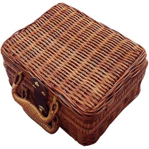  TSY Retro Wicker Suitcase,Brown Wicker Picnic Basket Rattan Storage Box Travel Suitcase