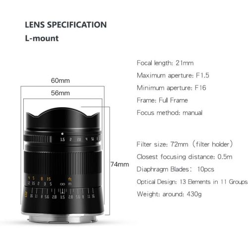  TTArtisan 21mm F1.5 ASPH Full Fame Camera Lens for L Mount System, Panasonic S1 S1R S1H S5, Sigma FP, Leica SL T TL CL TL2