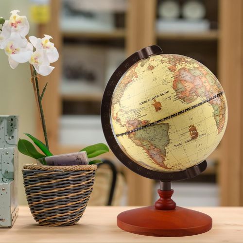  [아마존베스트]TTKTK Mini Vintage World Globe Antique Decorative Desktop Globe Rotating Earth Geography Globe Wooden Base Educational Globe Wedding Gift with Magnifying Glass