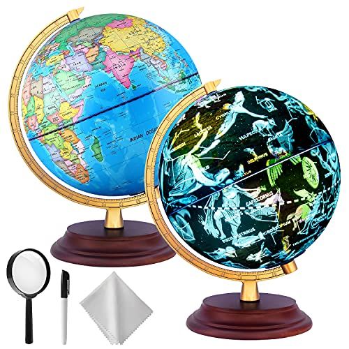  [아마존베스트]TTKTK Illuminated World Globe for Kids with Wooden Base - Night View Stars Constellation Pattern Globe with Detailed Colorful World Map,Built-in LED Bulb, Educational Gift, Night S