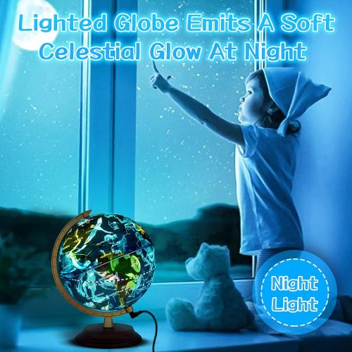  [아마존베스트]TTKTK Illuminated World Globe for Kids with Wooden Base - Night View Stars Constellation Pattern Globe with Detailed Colorful World Map,Built-in LED Bulb, Educational Gift, Night S