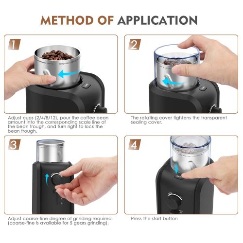  TTLIFE Kaffeemuehle Elektrisch 70g Fassungsvermoegen 5 Stufen-Mahlgrad, 2-12 Tassen Edelstahlmesser Coffee Grinder 200W fuer Kaffeebohnen Nuesse Gewuerze Getreide (schwarz)