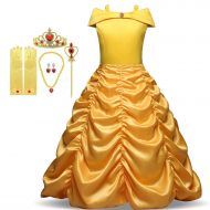 TTMOW Little Girls Princess Layered Belle Party Costume Off Shoulder Yellow Dress with 5 Packs Accessories