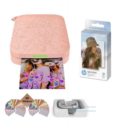  [아마존베스트]TUDAK HP Sprocket Photo Printer (2nd Edition) Instantly Print Social Media Photos on 2x3 Sticky-Backed Paper (Blush) + Photo Paper (50 Sheets) + USB Cable + 60 Decorative Stick-On Border