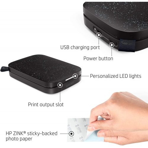  [아마존베스트]TUDAK HP Sprocket Photo Printer (2nd Edition) Instantly Print Social Media Photos on 2x3 Sticky-Backed Paper (Black) + Photo Paper (50 Sheets) + USB Cable + 60 Decorative Stick-On Border