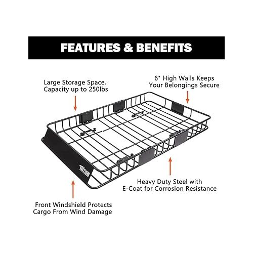  TUFFIOM 250lbs 64 x 39 x 6 inch Roof Top Cargo Carrier Basket w/Extension & Net, Heavy Duty Rooftop Luggage Holder Steel Rack with 2 Sizes for SUV Car Truck Van Travel Camping