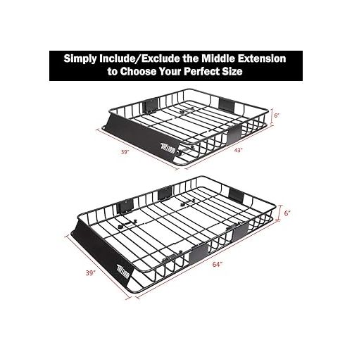  TUFFIOM 250lbs 64 x 39 x 6 inch Roof Top Cargo Carrier Basket w/Extension & Net, Heavy Duty Rooftop Luggage Holder Steel Rack with 2 Sizes for SUV Car Truck Van Travel Camping