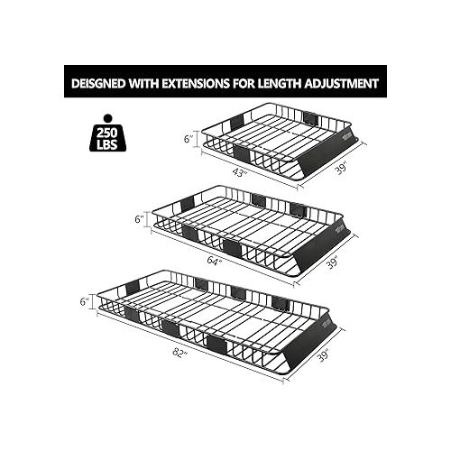  TUFFIOM 250lbs 84 x 39 x 6 inch Roof Top Cargo Carrier Basket w/Extension & 2 Nets, Heavy Duty Rooftop Luggage Holder Steel Rack with 3 Sizes for SUV Car Truck Van Travel Camping