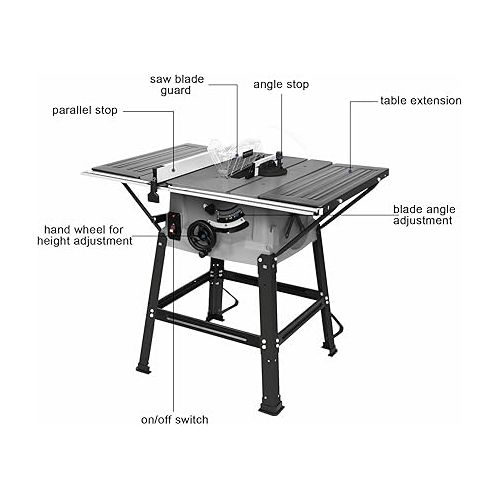  TUFFIOM 10inch Table Saw w/Port for Connecting Dust Collector, Portable Benchtop Table Saw w/ 60T Blade, Stand & Push Stick, 5000RPM, Adjustable Blade Height, 90°Cross Cut & 0-45°Bevel Cut, Gray