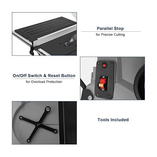  TUFFIOM 10inch Table Saw w/Port for Connecting Dust Collector, Portable Benchtop Table Saw w/ 60T Blade, Stand & Push Stick, 5000RPM, Adjustable Blade Height, 90°Cross Cut & 0-45°Bevel Cut, Gray