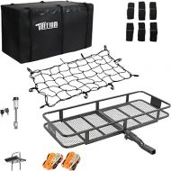 TUFFIOM 500lbs 60 x 24 x 6 inch Hitch Mount Cargo Carrier, Folding Trailer Steel Luggage Rack Basket w/Lock, Waterproof Cargo Bag, Straps, Net, Stabilizer & Receiver Travel Camping SUV