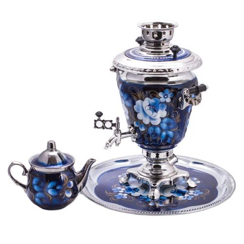  TULA Zhostovo On Blue Electric Samovar Set with Tray & Teapot Russian Samovar