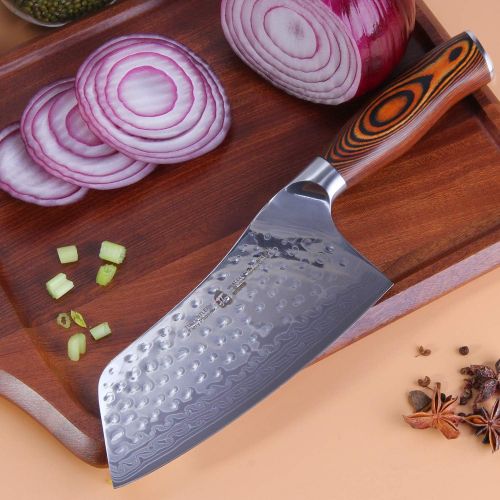  [아마존 핫딜]  [아마존핫딜]TUO Cutlery Cleaver Knife - Japanese AUS-10 Damascus Steel Hammered Finish - Chinese Chefs Knife For Meat And Vegetable With Ergonomic Pakkawood Handle - 7 - Fiery Phoenix Series