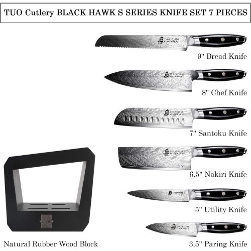  TUO Knife Set - Kitchen Knife Set with Wooden Block 7 pieces - G10 Full Tang Ergonomic Handle - BLACK HAWK S SERIES with Gift Box