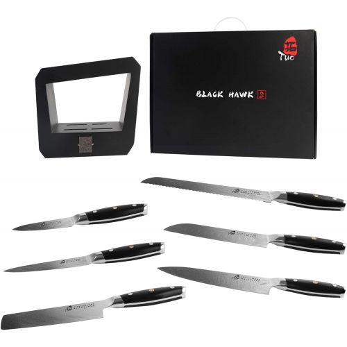  TUO Knife Set - Kitchen Knife Set with Wooden Block 7 pieces - G10 Full Tang Ergonomic Handle - BLACK HAWK S SERIES with Gift Box