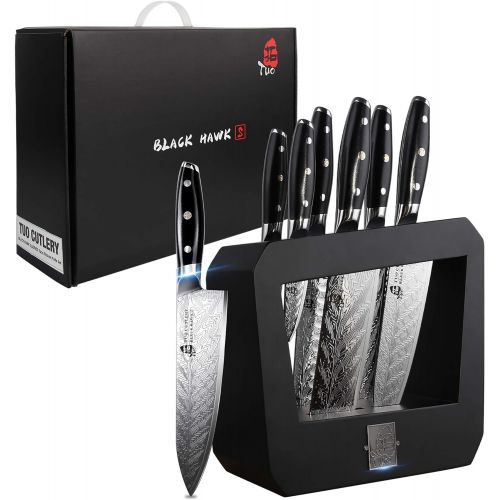  TUO Knife Set - Kitchen Knife Set with Wooden Block 7 pieces - G10 Full Tang Ergonomic Handle - BLACK HAWK S SERIES with Gift Box