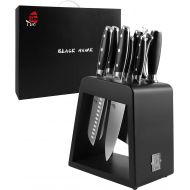 TUO Kitchen Knife Set - 10 Pieces Knife Set with Wooden Block - Premium Forged German Stainless Steel, Ergonomic Pakkawood Handle - Black Hawk Series with Gift Box