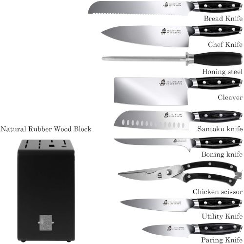  TUO Kitchen Knife Set - 10 Pieces Knife Set with Wooden Block - Premium Forged German Stainless Steel, Ergonomic Pakkawood Handle - Black Hawk Series with Gift Box