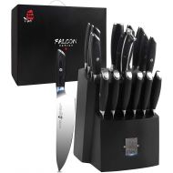 TUO Knife Block Set - 17 PCS Kitchen Knife Set with Wooden Block, Honing Steel and Shears - German X50CrMoV15 Steel with Full Tang Pakkawood Handle - FALCON SERIES with Gift Box, B