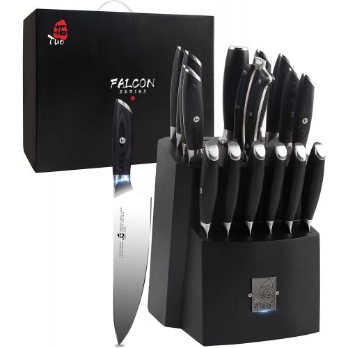  TUO Knife Block Set - 17 PCS Kitchen Knife Set with Wooden Block, Honing Steel and Shears - German X50CrMoV15 Steel with Full Tang Pakkawood Handle - FALCON SERIES with Gift Box, B