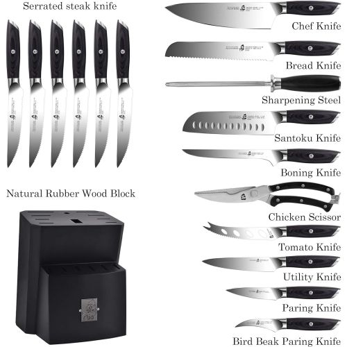  TUO Knife Block Set - 17 PCS Kitchen Knife Set with Wooden Block, Honing Steel and Shears - German X50CrMoV15 Steel with Full Tang Pakkawood Handle - FALCON SERIES with Gift Box, B