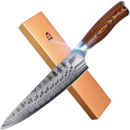  TUO Damascus Chefs Knife - Kitchen Knives - Japanese AUS10 HC 67 Layers Steel with Dragon Pattern - Ergonomic Pakkawood Handle - 8 - Fiery Phoenix Series Including Gift Box